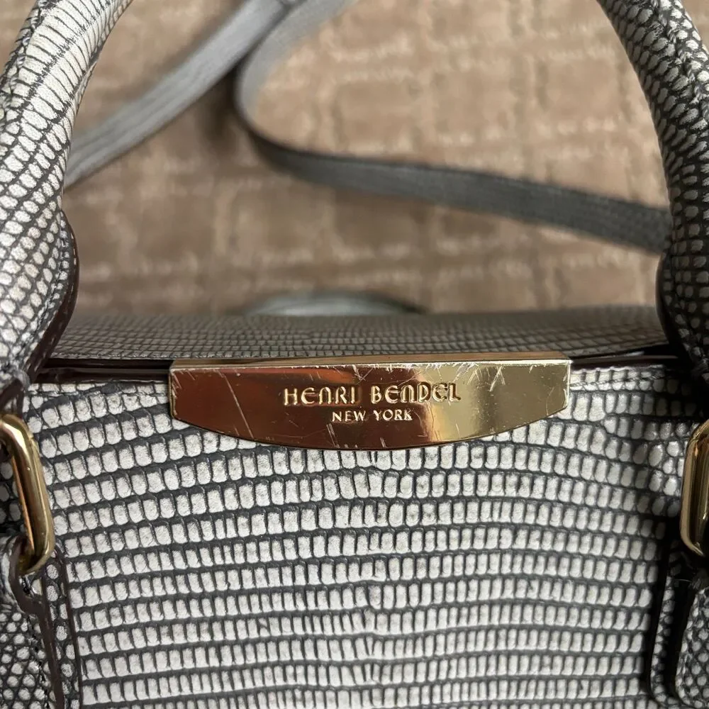 Henri Bendel Embossed Leather Top Handle Crossbody Bag Gray Reptile Turnlock
